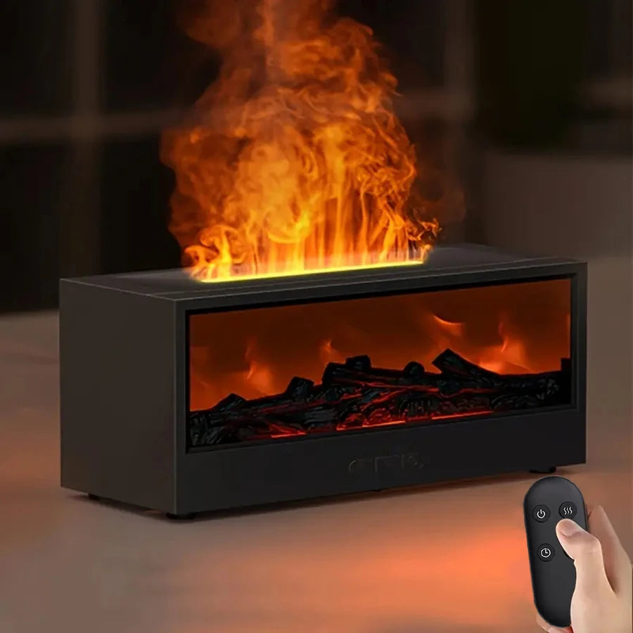 Simulated 3D flame aroma diffuser and humidifier, featuring colorful ambient lighting, remote control, and sonic technology