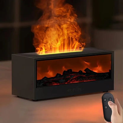 Simulated 3D flame aroma diffuser and humidifier, featuring colorful ambient lighting, remote control, and sonic technology