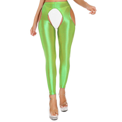 Womens Shiny Glossy High Waisted Cutout Open Crotch Leggings Hollow Out Crotchless Stretchy Tights Pencil Pants Long Trousers