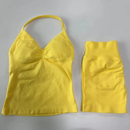 2Pcs Gym Set Women Backless Tank Tops High Waist Scrunch Seamless Shorts Gym Suit Fitness Clothes Activewear Workout Set