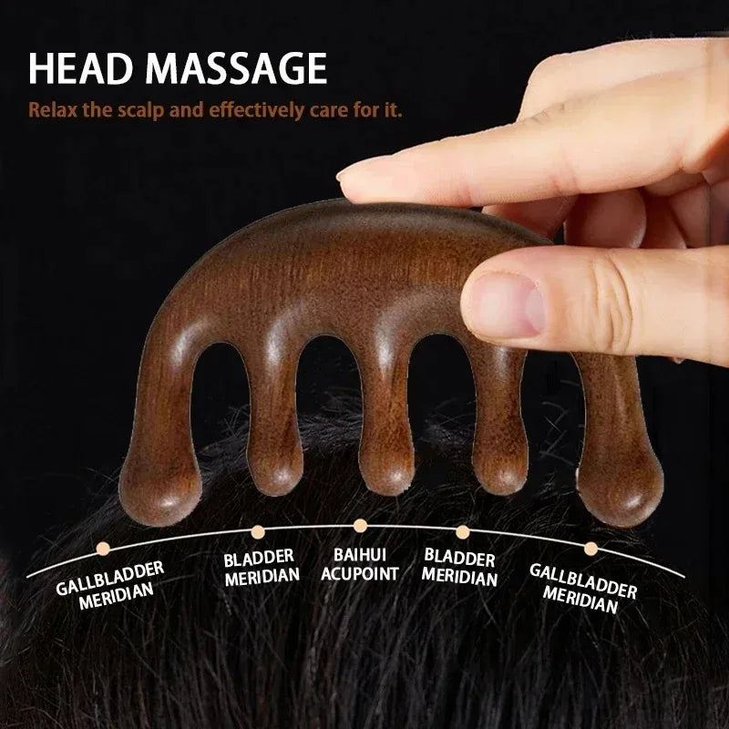 1pc Exquisite Sandalwood Five-Tooth Meridian Massage Comb Head Massager Scalp Scraping for Relaxation Massager Body Massage Tool