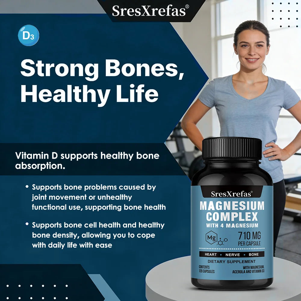 Magnesium Complex 710MG Capsules - 8 Chelated Forms + B/C/E Vitamins, Sleep Stress Relief, Bone Muscle Heart Health, Non-GMO