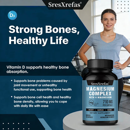 Magnesium Complex 710MG Capsules - 8 Chelated Forms + B/C/E Vitamins, Sleep Stress Relief, Bone Muscle Heart Health, Non-GMO