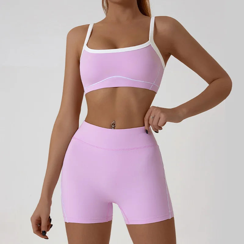 Nude High-elasticity Yoga Suit Contrasting Color Bra Halter Top Hip-lifting Fitness Line Shorts Pilates Sports Set