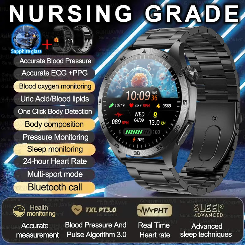 2025 New Nursing Grade Smart Watch ECG+PPG Blood Lipid Blood pressure Uric Acid HD Bluetooth Call Clock Health Smart Watch Men