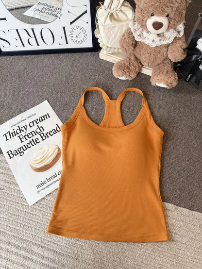 Dopamine  Sporty Fitness Women's Tank Top with Chest Pad Outdoor Style round Neck Backless Vest Casual Daily Wear