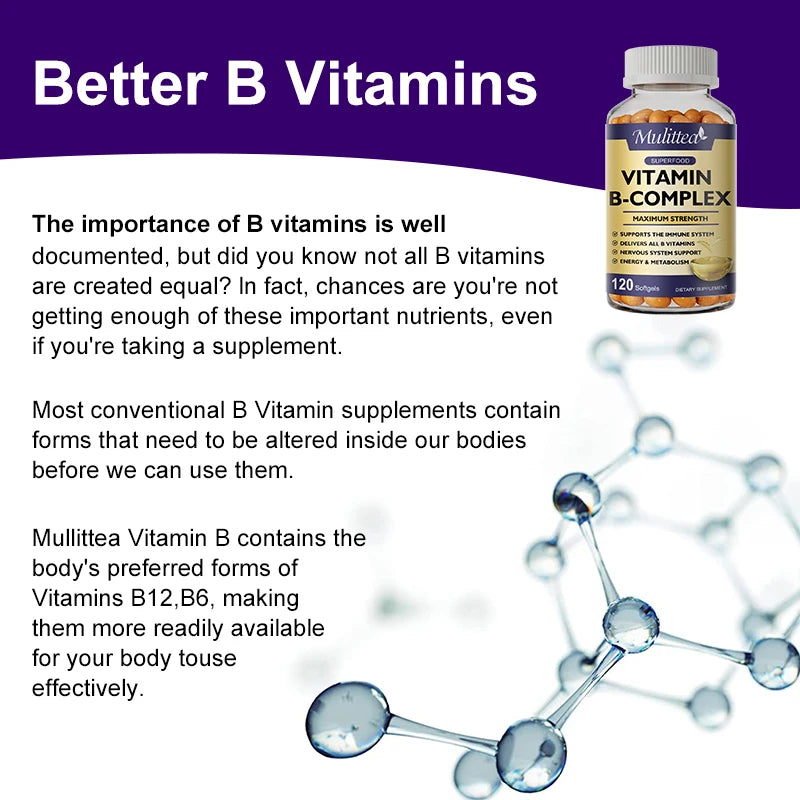 Mulittea 3X Complex Vitamin B  Supplements (B12 B2 B6)for Relieve Stress Improve Immunity System Energy Support