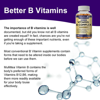 Mulittea 3X Complex Vitamin B  Supplements (B12 B2 B6)for Relieve Stress Improve Immunity System Energy Support