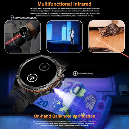 2024 New Military Smartwatch IP68 Waterproof outdoor Sports Fitness tracker health monitor BT call 365nm UV+ infrared