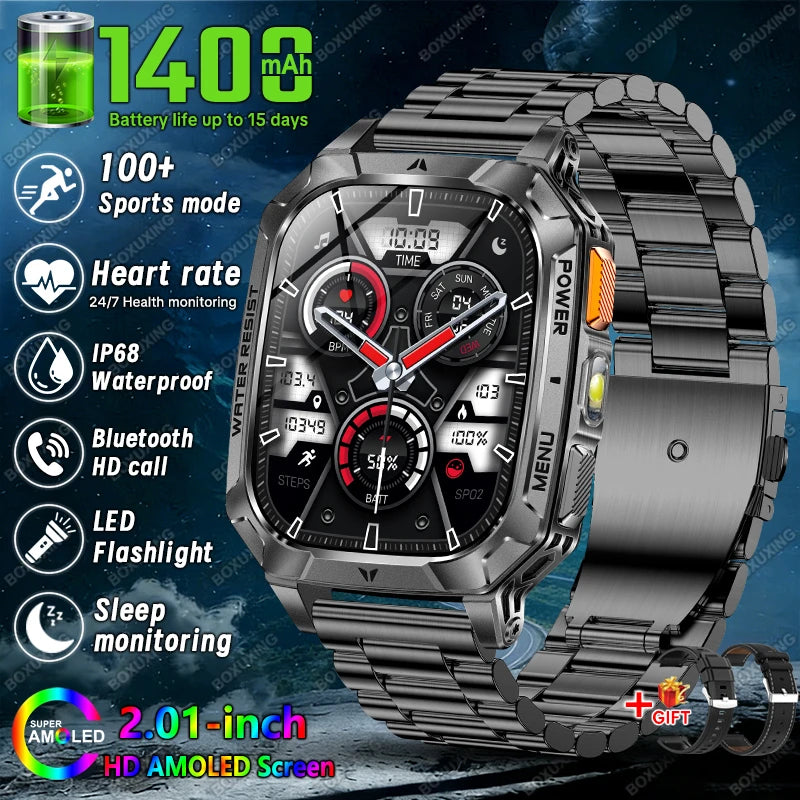 Rugged Military Smart Watch 1400mAh Battery Fitness Tracking IP68 Waterproof Tactical Sports Flashlight 2026 New Men Smartwatch