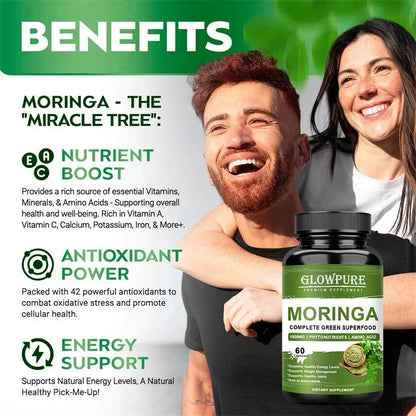 Pure Moringa Capsules - Energy, Skin, Immune & Gut Health Superfood, Rich in Antioxidants, Essential Vitamins & Amino Acids