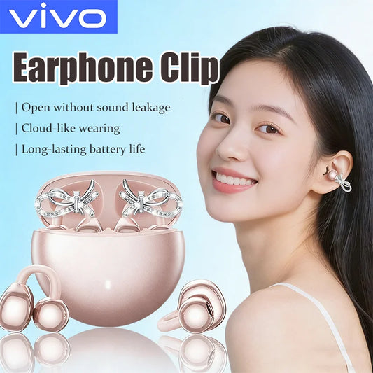 VIVO Clip-on Earbuds Wireless Bluetooth Open Ear Headphones with Detachable Crystal Bowknot Earrings Sports Fitness Workouts