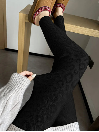 SMTHMA Winter Thick Leopard Print Mink Fleece Leggings For Women's Keeping Warm High Waisted Elastic Slimming Small Leg Pants