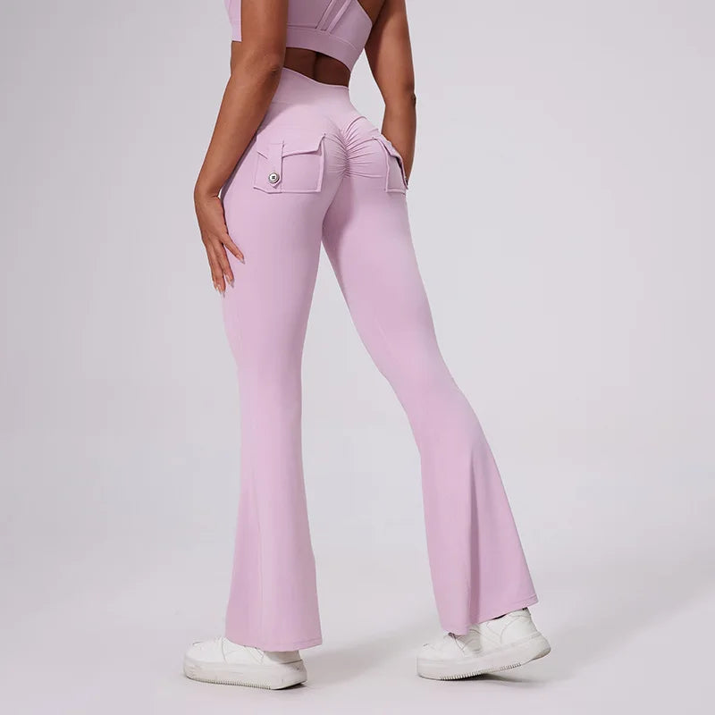 Workwear Pocket Pants, Women's Peach Bell Bottom Pants, Hip Lifting Sports Leggings, Fitness Pants, Micro Bell Bottom Pants