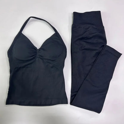 2Pcs Gym Set Women Backless Tank Tops High Waist Scrunch Seamless Shorts Gym Suit Fitness Clothes Activewear Workout Set
