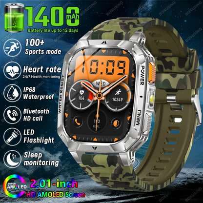 2026 New 1400 mAh Battery Military Grade Smart Watch Men IP68 Waterproof 100+ Sports Modes Bluetooth Call AMOLED HD Smartwatches