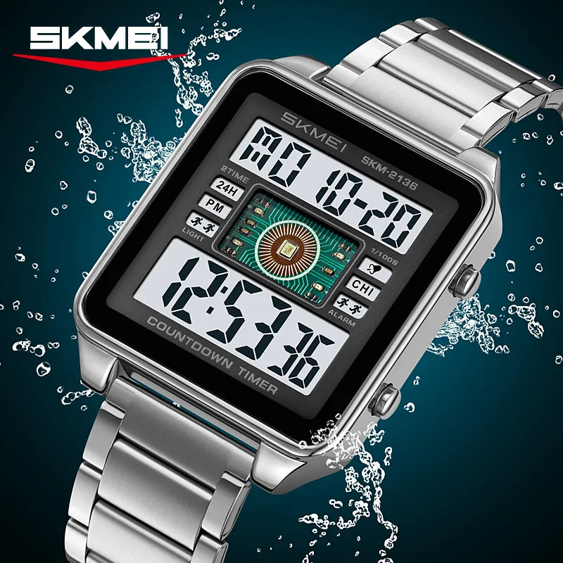 SKMEI 2136 lighting Stylish Mens Digital Watch Stainless Steel Countdown Stopwatch Wristwatch Fashion Electronic Movement Clock