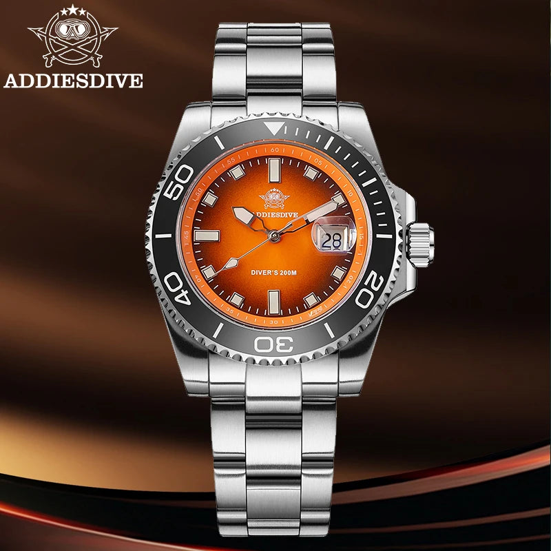 ADDIESDIVE New 41mm Men Watch Diving 200m Waterproof  AD2089 Top Brand Diver Wristwatch Stainless Steel Luminous Leisure Watch