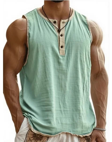 Summer 2025 Men's Fashion Cotton Sleeveless Fitness Casual Vest Color Block Trendy Button Decorated Loose Fit Sweat Wicking