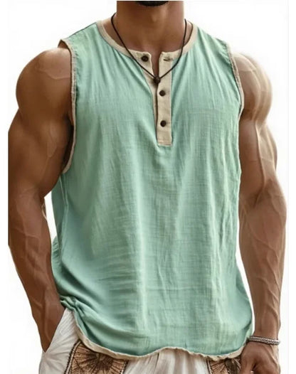 Summer 2025 Men's Fashion Cotton Sleeveless Fitness Casual Vest Color Block Trendy Button Decorated Loose Fit Sweat Wicking