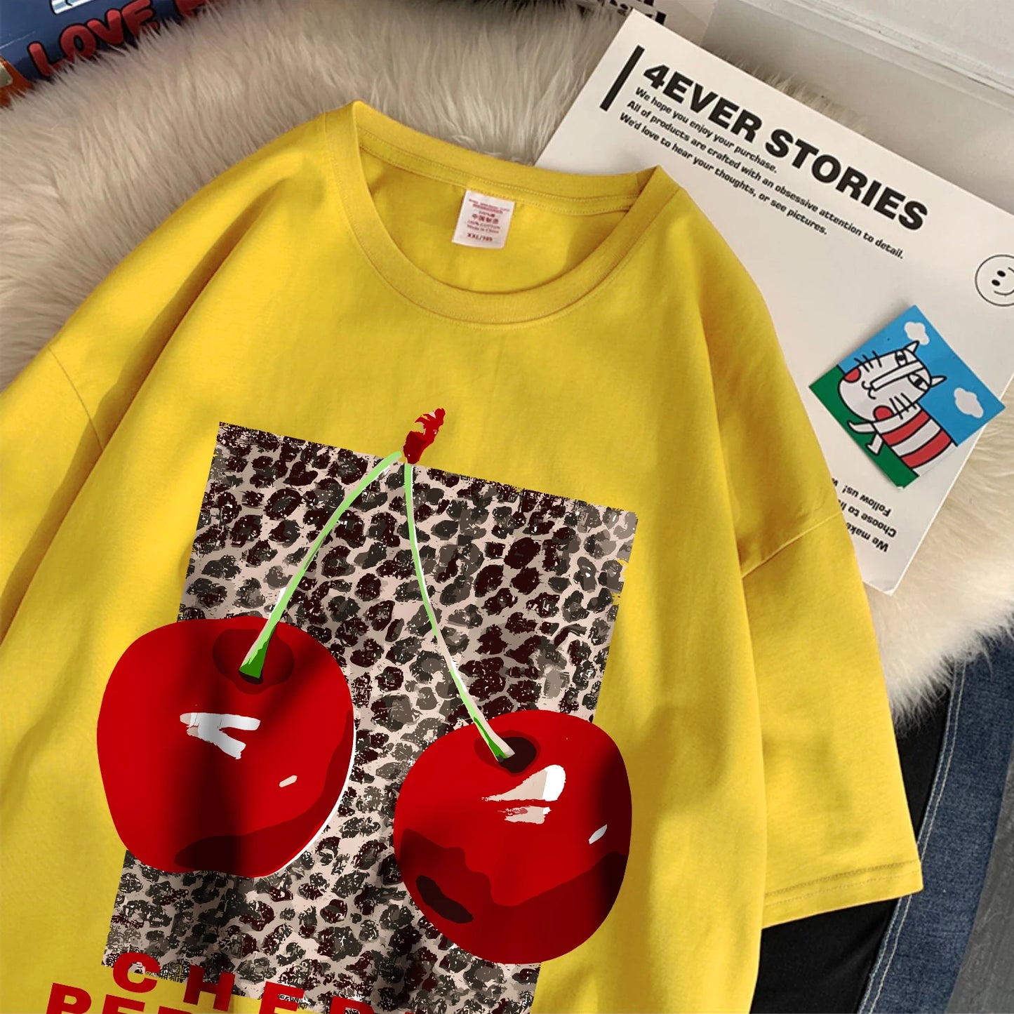 Cherry perfection T Shirt Women Leopard Prints Oversize Cotton T-Shirts Casual O-Neck Short Sleeve Tops Summer Woman Clothes
