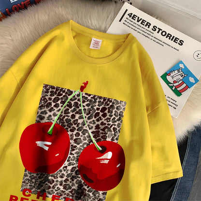 Cherry perfection T Shirt Women Leopard Prints Oversize Cotton T-Shirts Casual O-Neck Short Sleeve Tops Summer Woman Clothes
