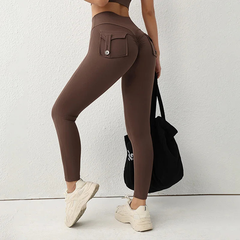 TRY TO BN Sports Gym Leggings Yoga Pants Fitness Scrunch Buttons Peach Hips High Waist Leggings With Pocket Running Tights Women
