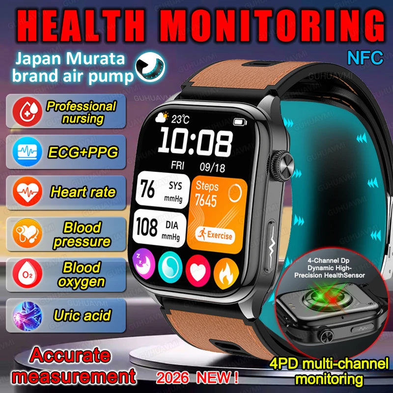 Smart Watches Men Air Pump Blood Pressure Accurate Measure Micro Physical Examination Sport Fitness Airbag SmartWatch ECG AMOLED