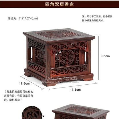 Red Rosewood Incense Burner Double-Layer Sandalwood Box Wood Carving Crafts Solid Four-Corner Ornament Home Decor