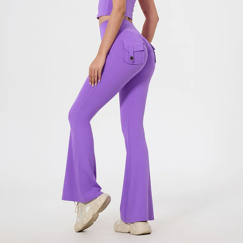 Workwear Pocket Pants, Women's Peach Bell Bottom Pants, Hip Lifting Sports Leggings, Fitness Pants, Micro Bell Bottom Pants