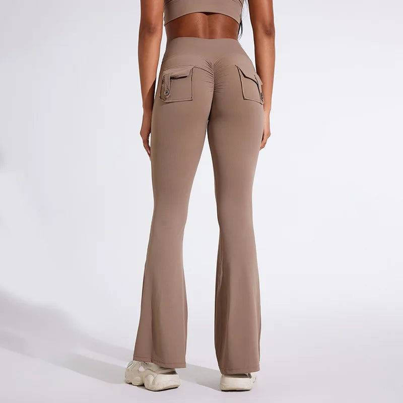 Workwear Pocket Pants, Women's Peach Bell Bottom Pants, Hip Lifting Sports Leggings, Fitness Pants, Micro Bell Bottom Pants