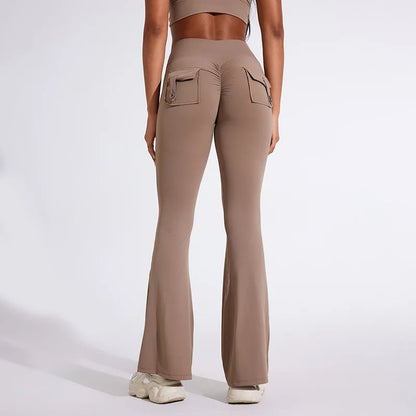 Workwear Pocket Pants, Women's Peach Bell Bottom Pants, Hip Lifting Sports Leggings, Fitness Pants, Micro Bell Bottom Pants