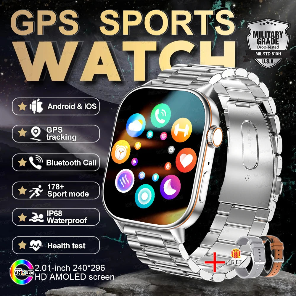 2025 New Outdoor Military GPS Smart Watch 2.01-inch AMOLED Screen BT Call 178+ Sport Mode IP68 Waterproof Smartwatches Man Women
