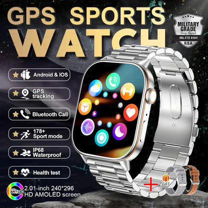 2025 New Outdoor Military GPS Smart Watch 2.01-inch AMOLED Screen BT Call 178+ Sport Mode IP68 Waterproof Smartwatches Man Women