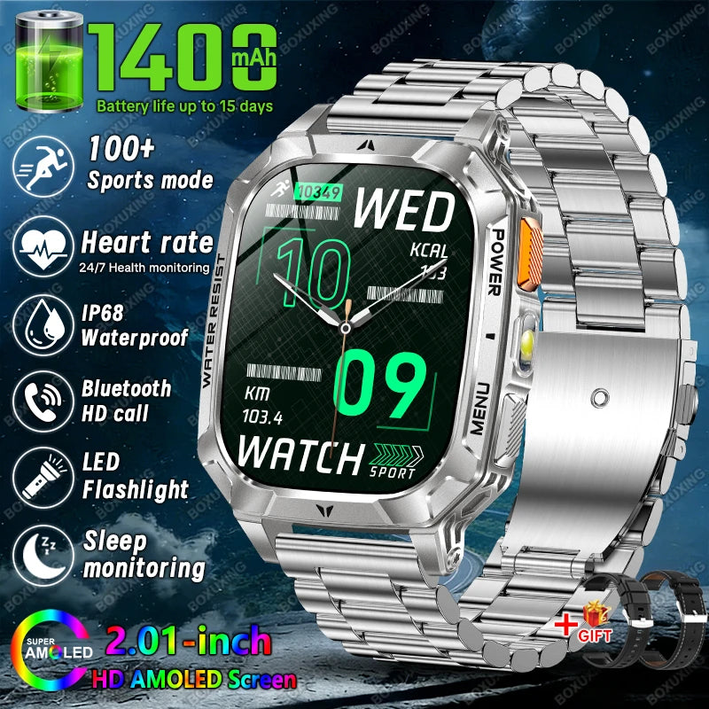 Rugged Military Smart Watch 1400mAh Battery Fitness Tracking IP68 Waterproof Tactical Sports Flashlight 2026 New Men Smartwatch