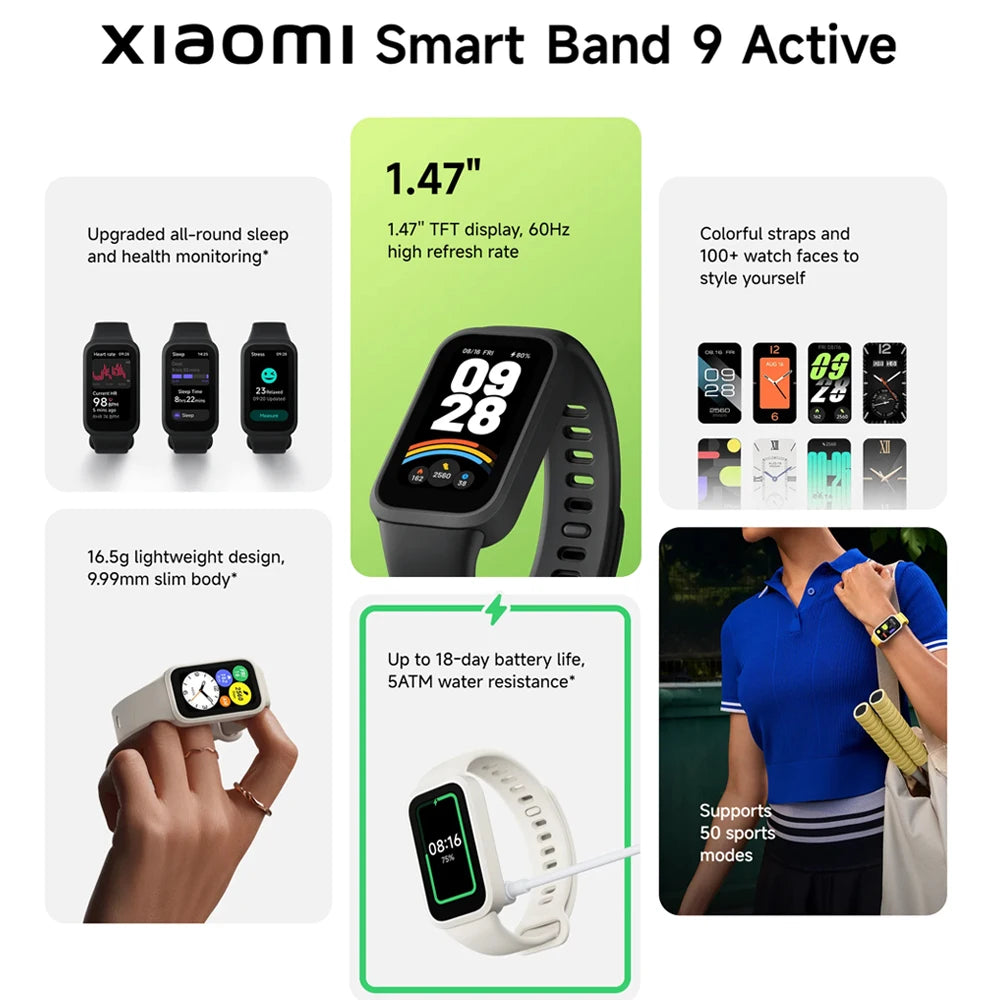 Xiaomi Smart Band 9 Active Global Version 1.47'' TFT Display 5ATM Waterproof Sports Bracelet 18-days Battery Life Mi Fitness