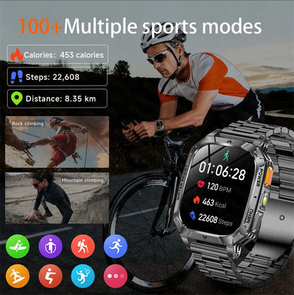 Outdoor military Smart Watch 1400mAh Battery Fitness Tracking 10ATM Waterproof Tactical Sports Flashlight Men's Phone Watches
