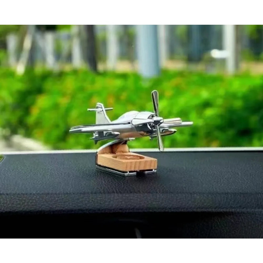  ﻿ Alloy Solar Airplane Car Diffuser Wooden Base Fragrance Diffuser Energy Rotate Airplane Ornaments for Car Office Home Decor