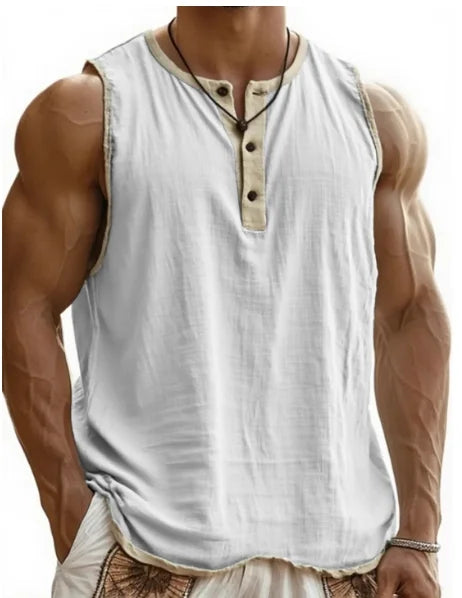 Summer 2025 Men's Fashion Cotton Sleeveless Fitness Casual Vest Color Block Trendy Button Decorated Loose Fit Sweat Wicking
