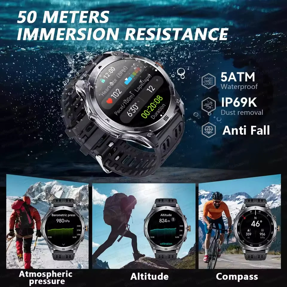 1.75-inch Built-in GPS Professional Outdoor SmartWatch New 50 Meter Waterproof dive Flashlight Bluetooth Call Smart Watches men