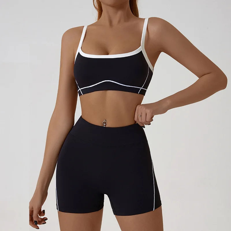 Nude High-elasticity Yoga Suit Contrasting Color Bra Halter Top Hip-lifting Fitness Line Shorts Pilates Sports Set