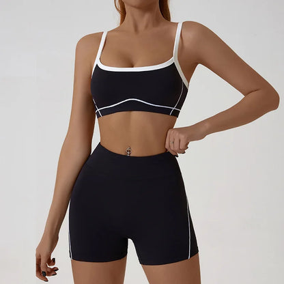 Nude High-elasticity Yoga Suit Contrasting Color Bra Halter Top Hip-lifting Fitness Line Shorts Pilates Sports Set