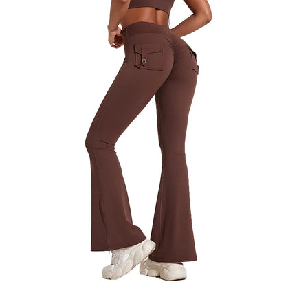 Workwear Pocket Pants, Women's Peach Bell Bottom Pants, Hip Lifting Sports Leggings, Fitness Pants, Micro Bell Bottom Pants
