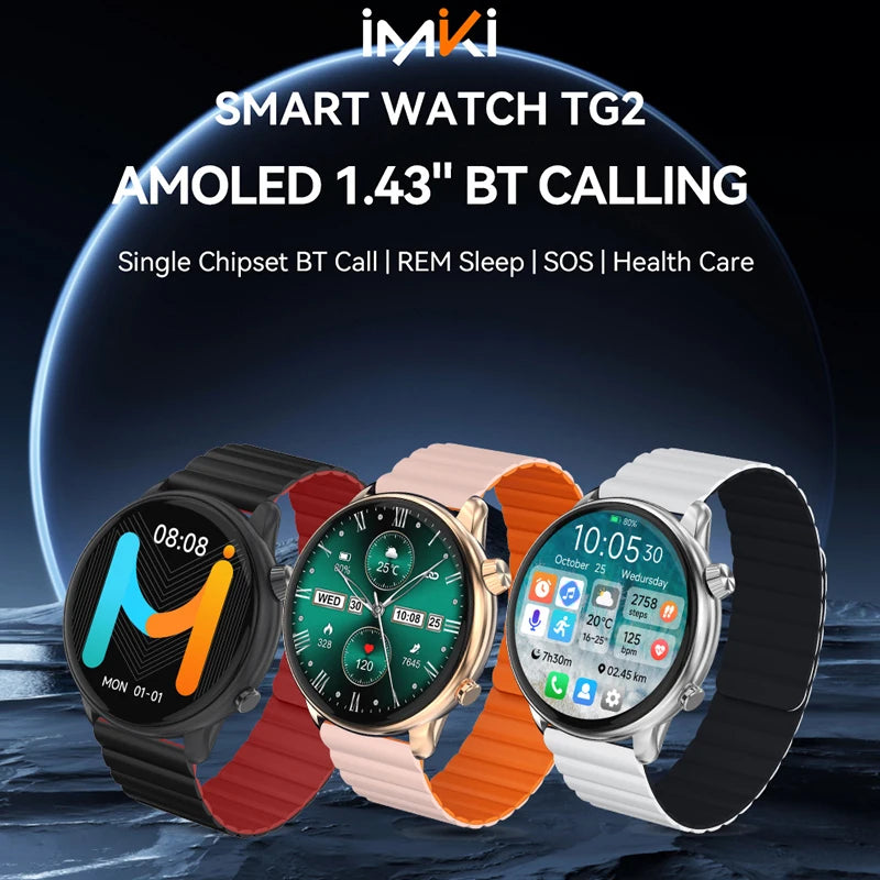 IMIKI TG2 Smartwatch 1.43"AMOLED HD Display Waterproof Sports Bluetooth Calling Music 3D Surround Fitness Smart Watch Men Women