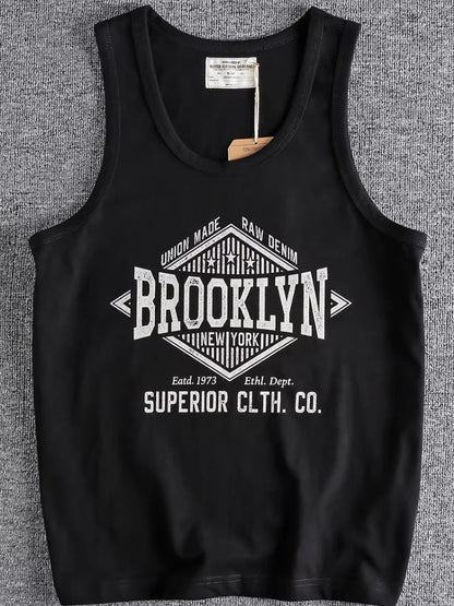 Summer New 230g American Retro Sleeveless O-neck Letter Printed T-shirt Men's 100% Cotton Washed Casual Sports Fitness Vest Tops