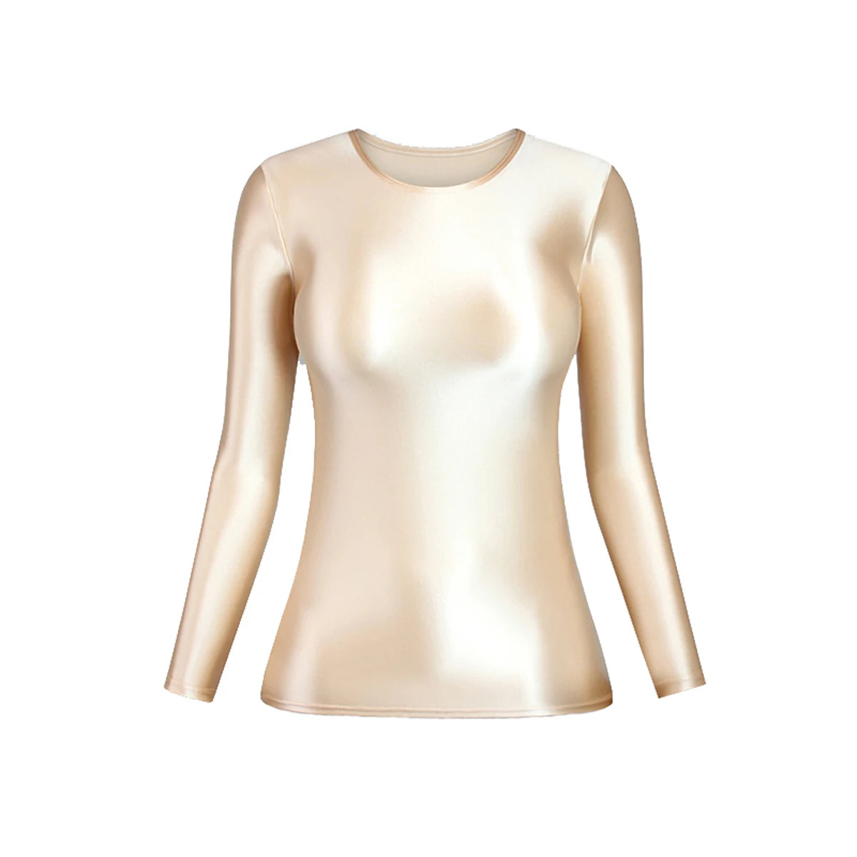 MJINM Glossy Satin Elastic Crewneck Longsleeve Breathable Tops Blouse Streetwear Sport Fitness Yoga Tees Casual Tight Undershirt