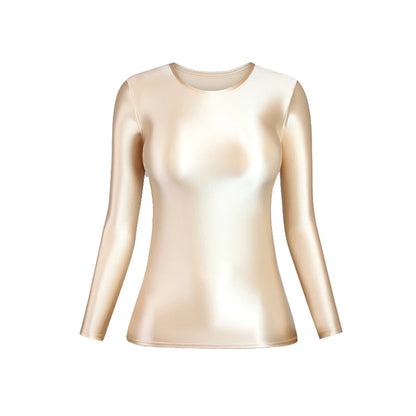 MJINM Glossy Satin Elastic Crewneck Longsleeve Breathable Tops Blouse Streetwear Sport Fitness Yoga Tees Casual Tight Undershirt