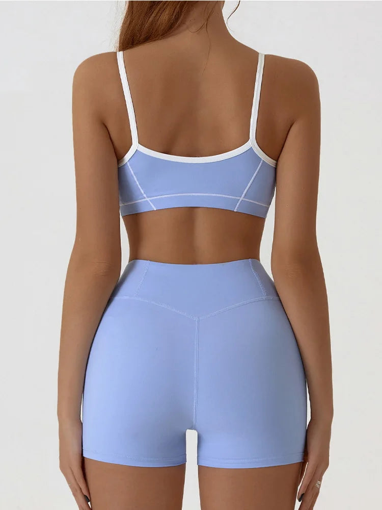 Nude High-elasticity Yoga Suit Contrasting Color Bra Halter Top Hip-lifting Fitness Line Shorts Pilates Sports Set
