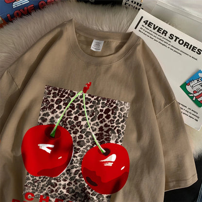 Cherry perfection T Shirt Women Leopard Prints Oversize Cotton T-Shirts Casual O-Neck Short Sleeve Tops Summer Woman Clothes