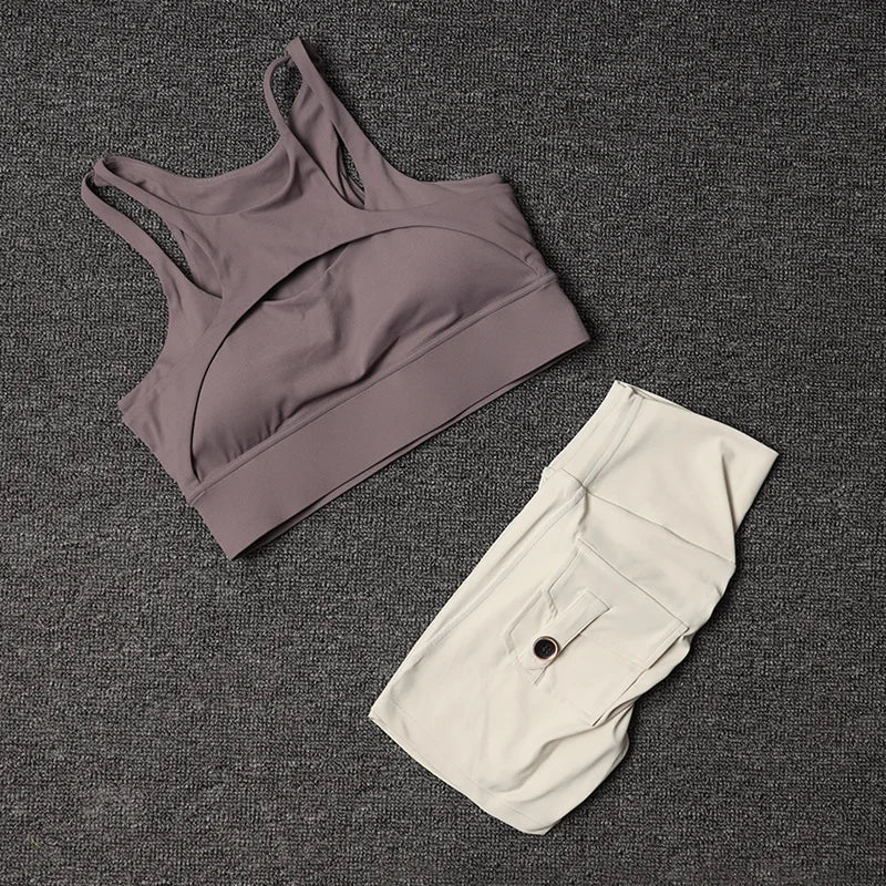 TRY TO BN Fitness Shorts Yoga Sports Bra Sets Women's Tracksuit Sportswear Workout High Waisted Leggings Cycling Gym Suit Pocket